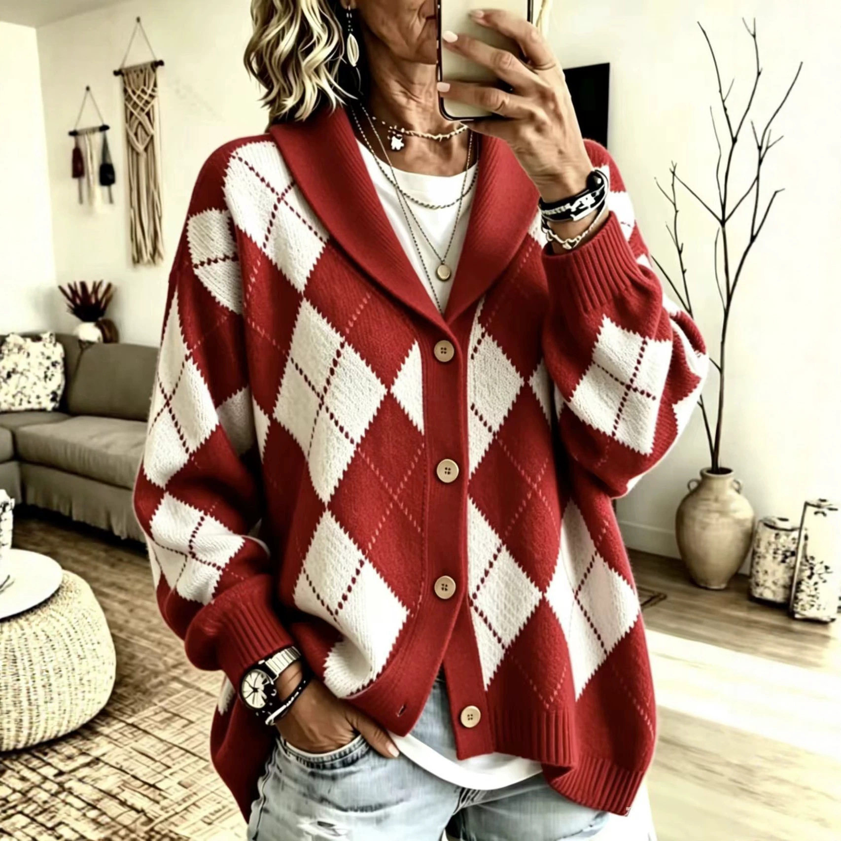 Diamond Plaid Button-Front Cardigan Sweater with Suit Collar