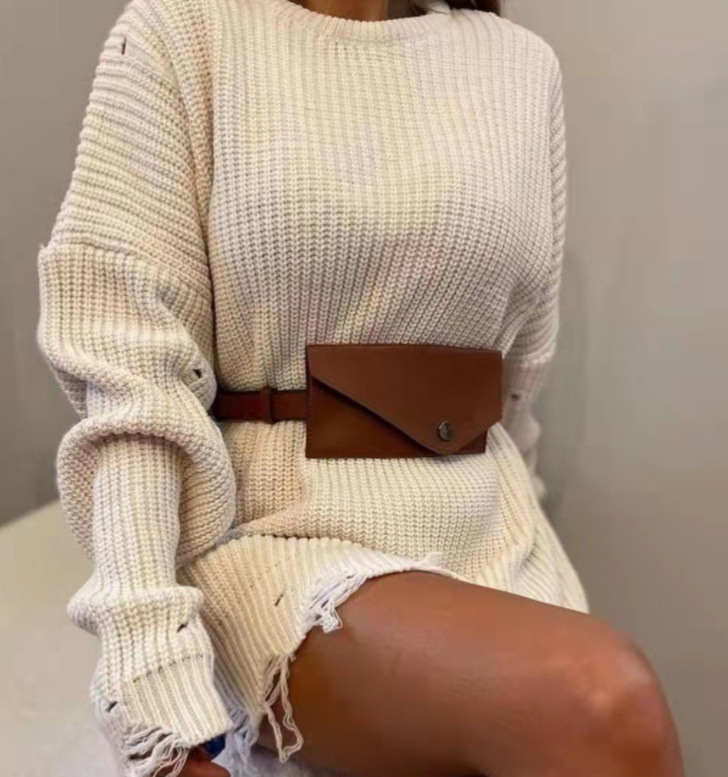 Loose Solid Color Distressed Crewneck Pullover Sweater Long Sleeve Mid-Length