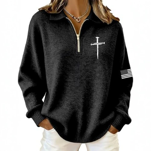 Cross American Flag Print Half-Zip Hoodie