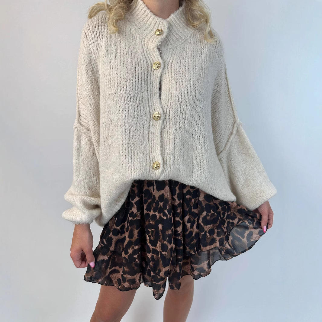 Women's Solid Color Loose Knit Cardigan Long Sleeve Round Neck