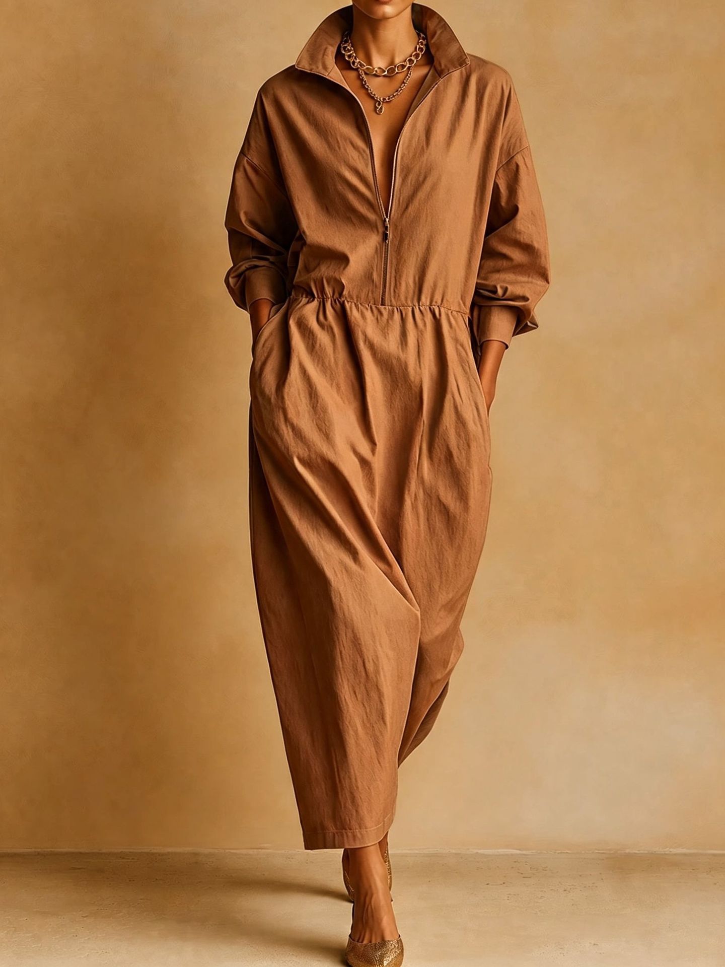 Women's Stand Collar Loose Pocket Midi Dress