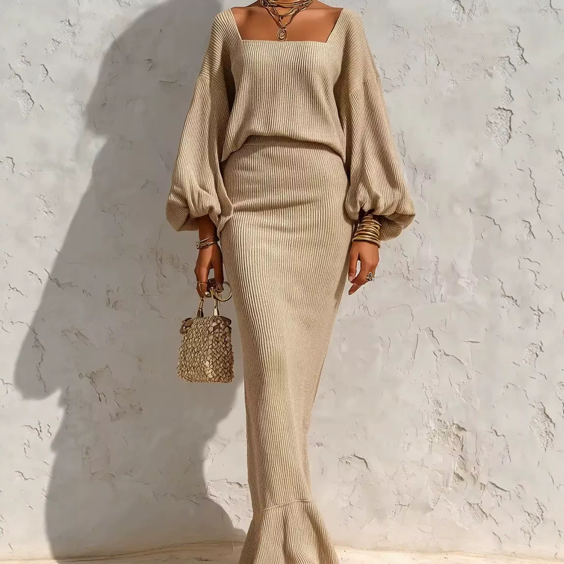 Square Neck Lantern Sleeve Ribbed Knit Two-Piece Set with Mermaid Midi Skirt