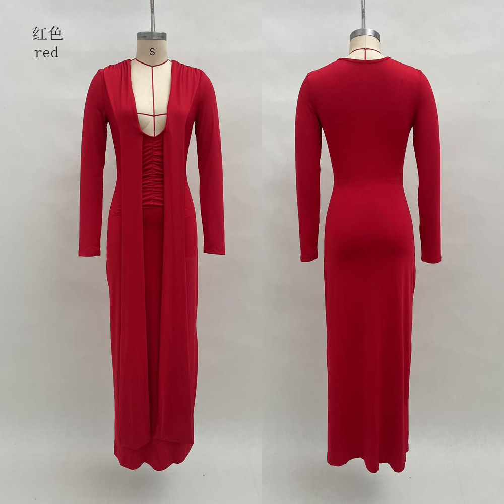 Sexy Deep V-Neck Long Sleeve Ribbon Bodycon Solid Dress