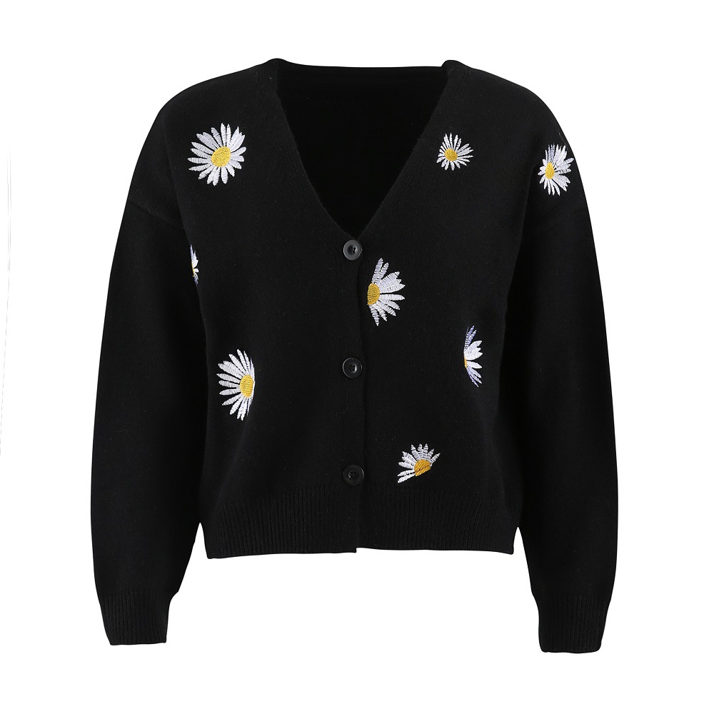 Women's Button-Front Floral Embroidered Knit Cardigan Sweater