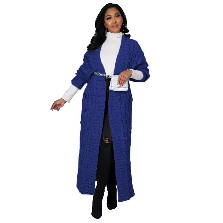 Cable-Knit Open-Front Long Cardigan with Pockets