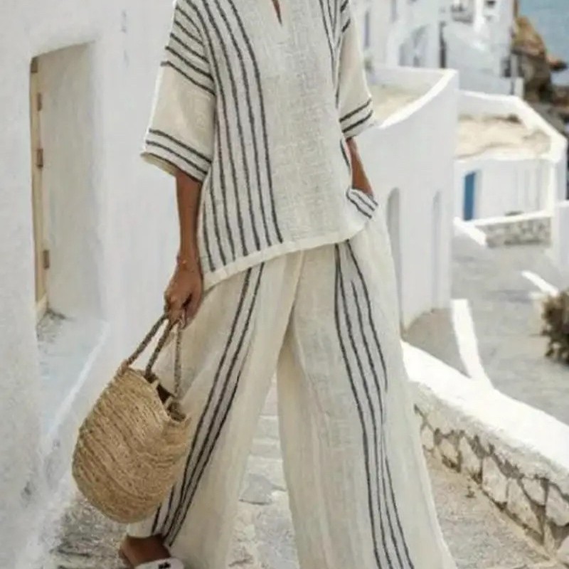Striped Print Color-Block Mid-Sleeve Round Neck Top and Straight Pants Casual Set