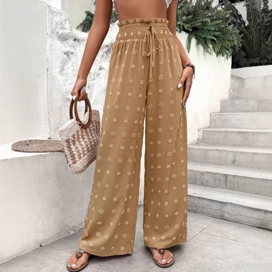Black Jacquard Wide-Leg Pants High Waist Drawstring Loose Casual