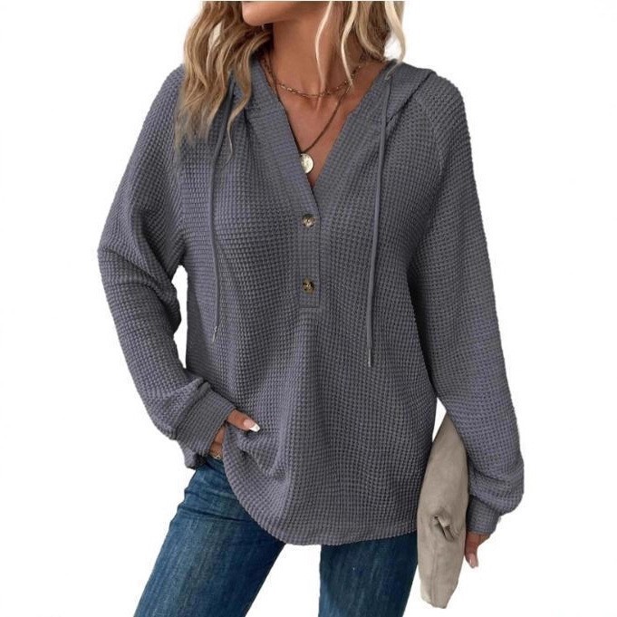 Women's Waffle Knit Drawstring Button V-Neck Hooded Sweatshirt