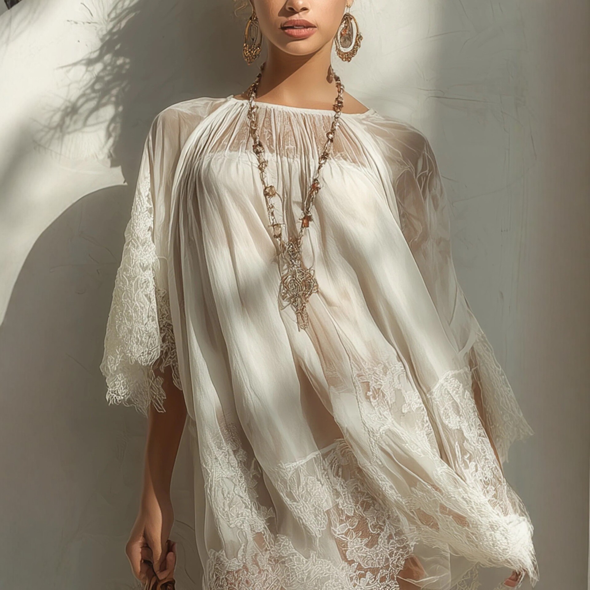 Lace Panel Sun Protection Cover-Up Dress Sheer Beach Vacation Midi