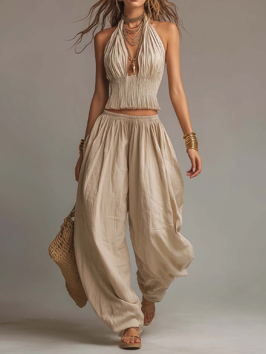 Bohemian Cotton-Linen Halter Smocked Crop Top & Lantern Pants Set