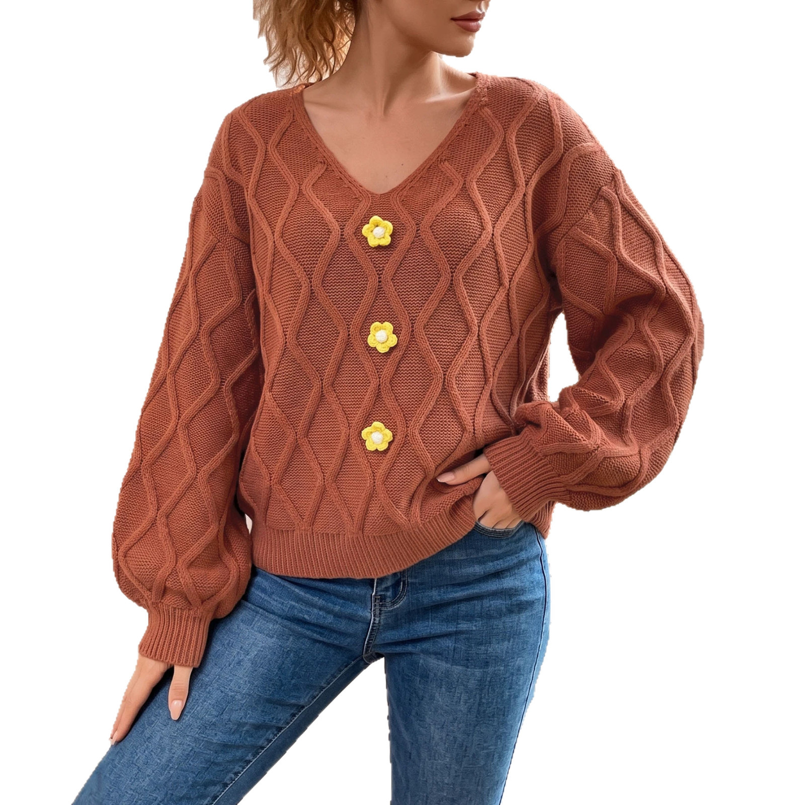 Women's Retro V-Neck Diamond Knit Sweater with Lantern Sleeves