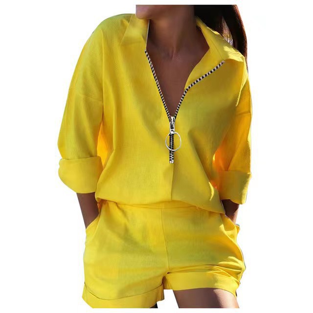 Women's Spring Print Zip-Up Top and Shorts Two-Piece Set
