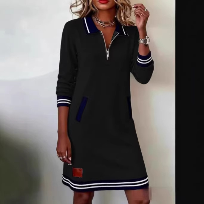 Women's Casual Zip-Up Long Sleeve Sweatshirt Dress Colorblock