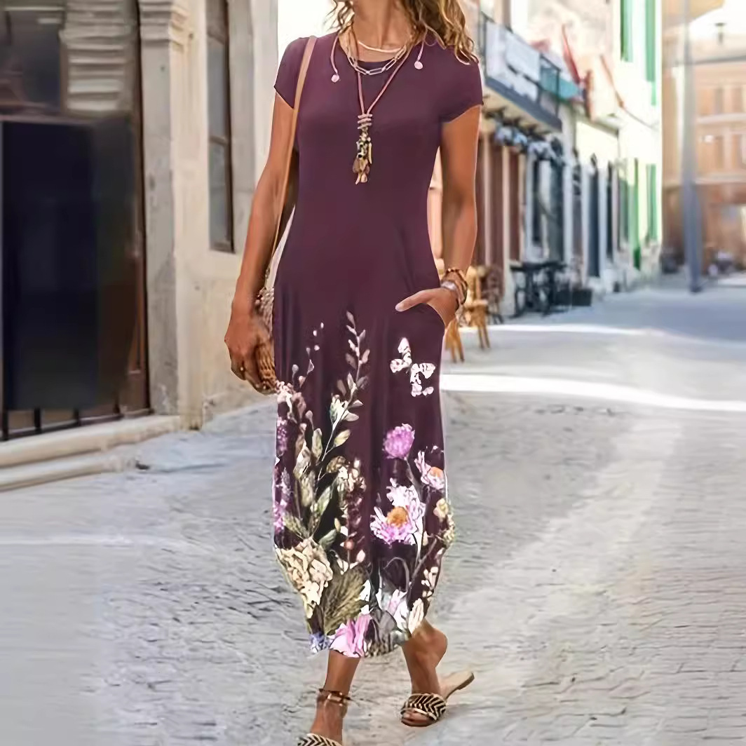 Floral Print Pocket Midi Dress Casual Short Sleeve A-Line