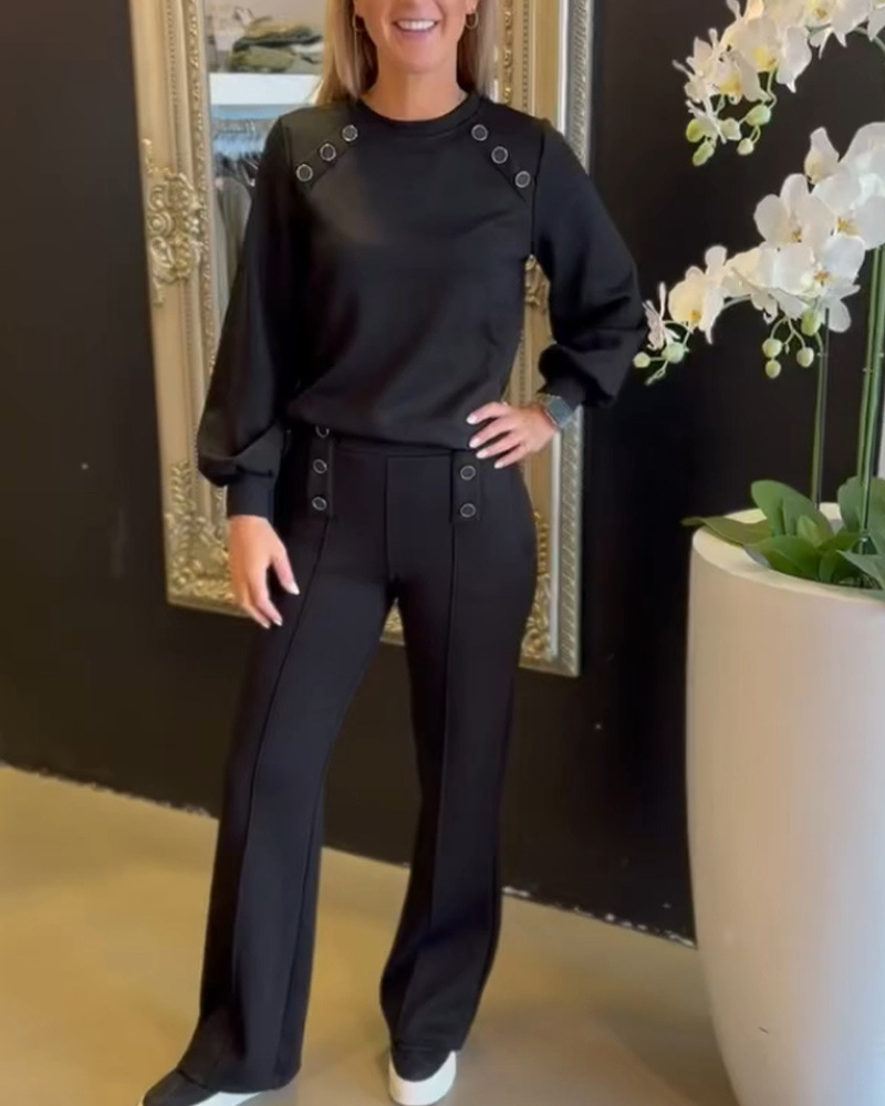 Elegant Round Neck Long Sleeve Button Solid Color Pants Set for Women