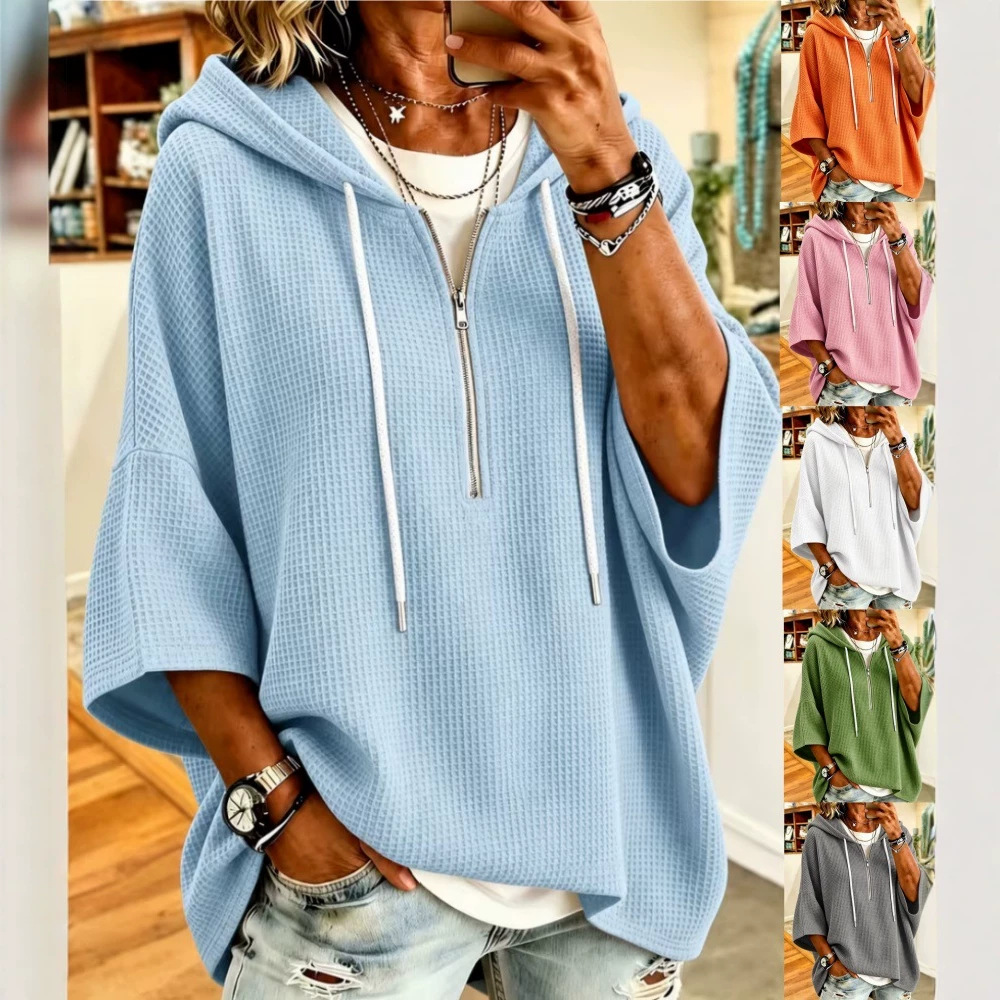 Women's Waffle Knit Zip-Up Hoodie Drawstring Loose Batwing Sweatshirt