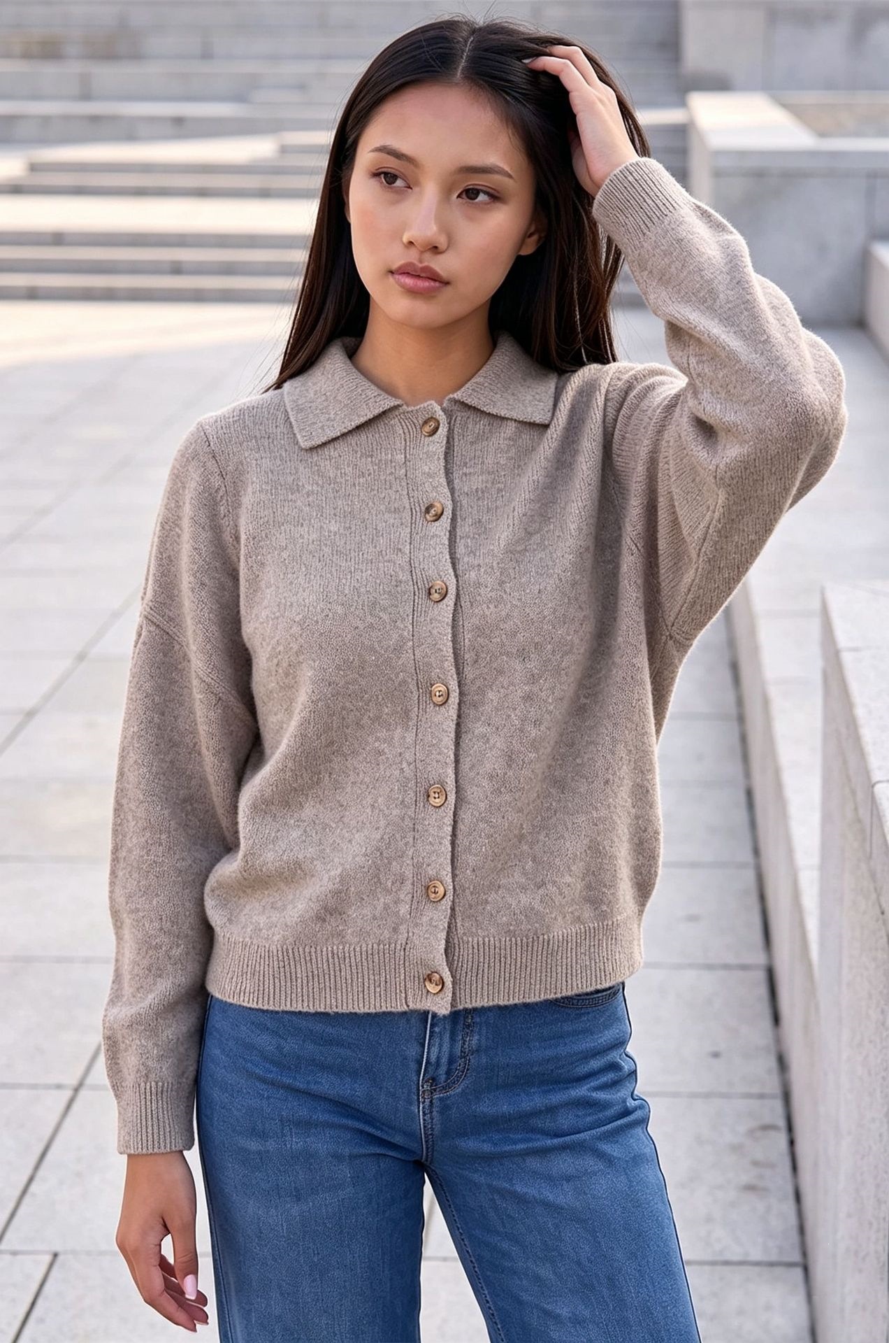 Women's Polo Collar Knit Cardigan Long Sleeve Short Coat