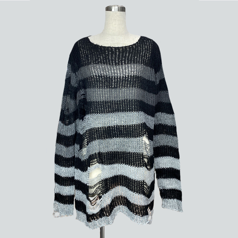 Punk Slouchy Mohair Oversized Distressed Rainbow Gradient Striped Midi Sweater