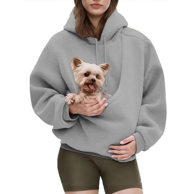 Solid Hooded Plush Pet Pouch Oversized Pullover Hoodie for Women