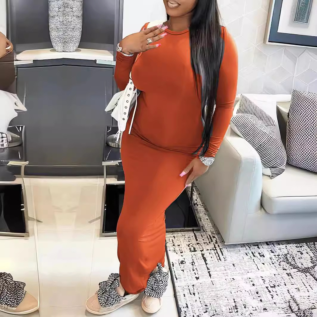 Plus Size Solid Color Long Sleeve Bodycon Midi Dress