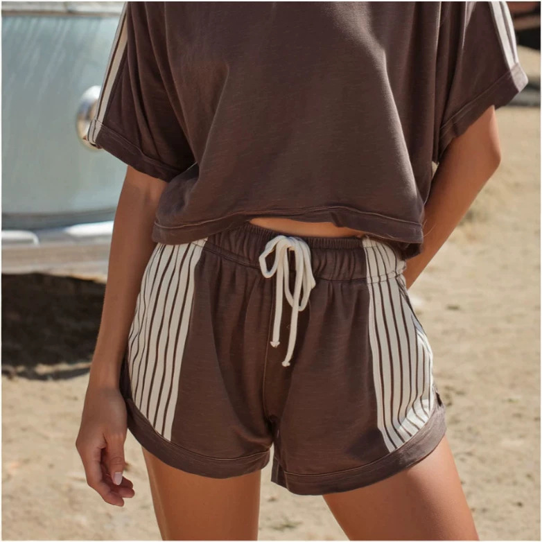 Retro Color Block Striped Brown Short Sleeve Cotton T-Shirt and Shorts Set