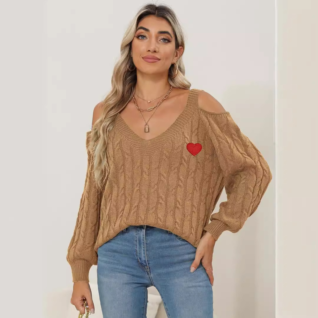 Women's Deep V Off-Shoulder Loose Knit Sweater