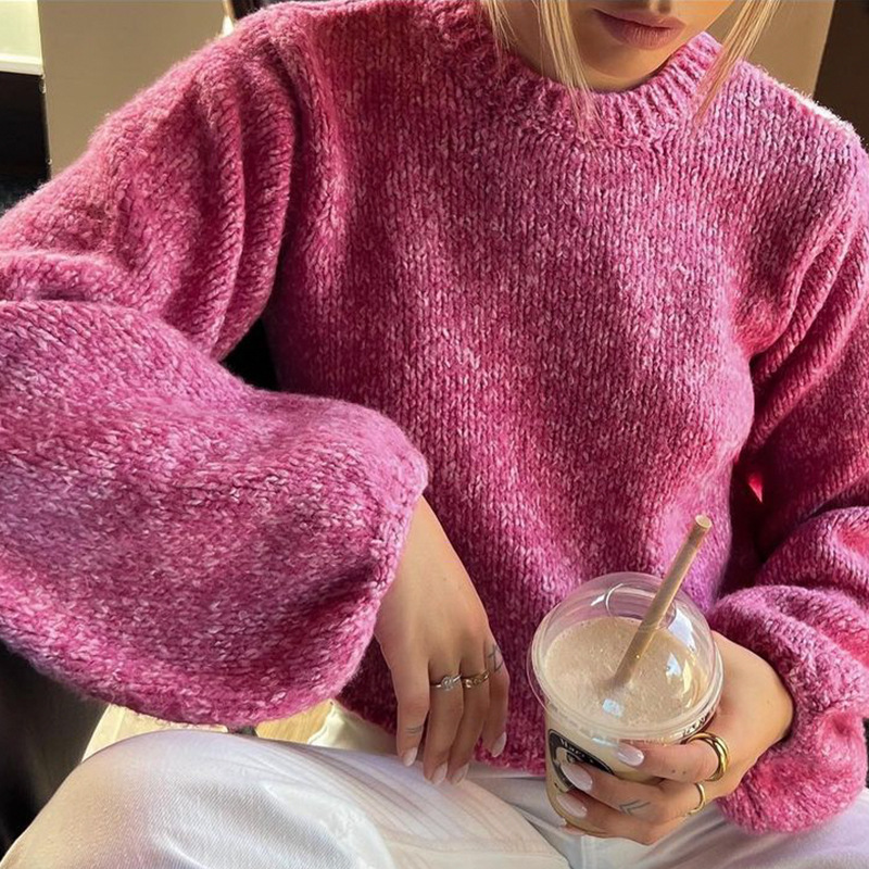 Women's Round Neck Long Sleeve Open Back Tie Knit Loose Sweater Top
