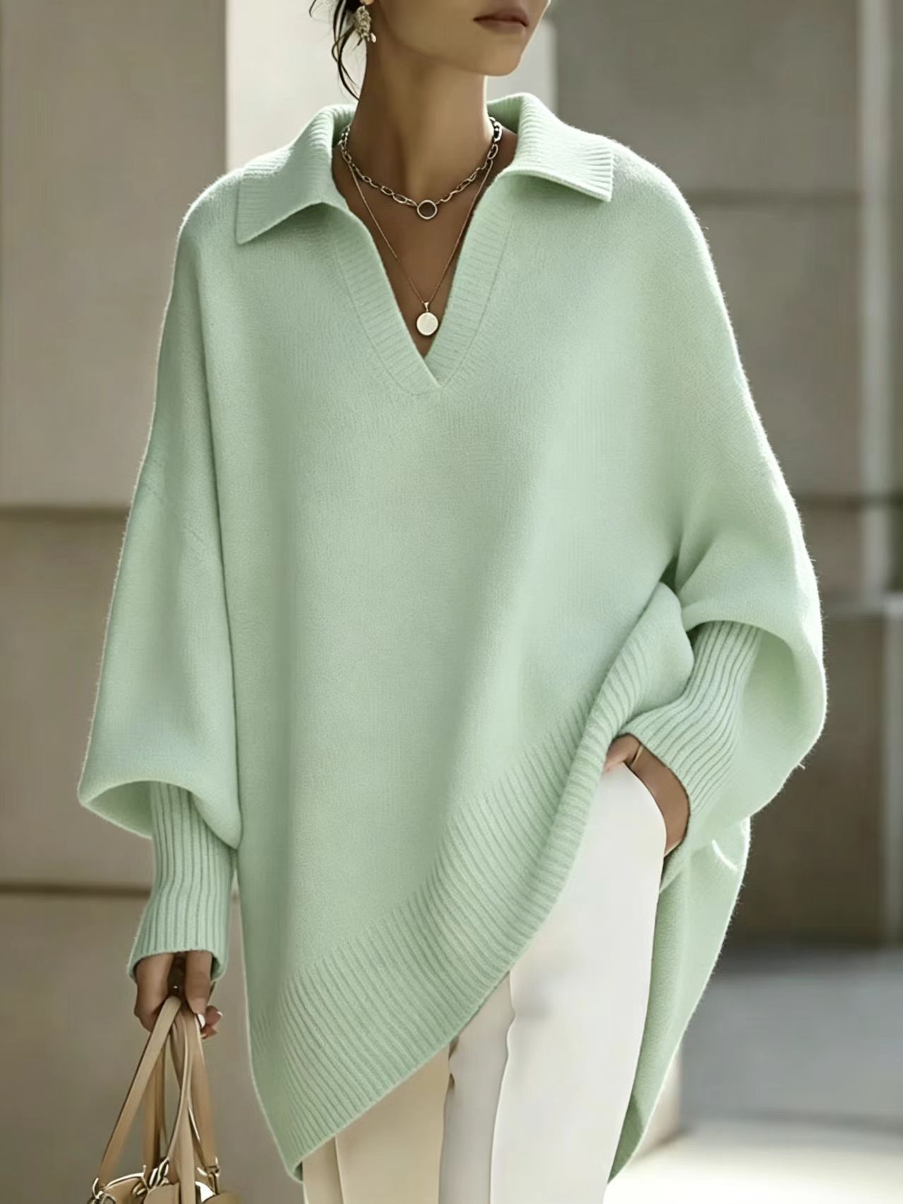 Women's Solid Color Long Sleeve V-Neck Loose Knit Sweater