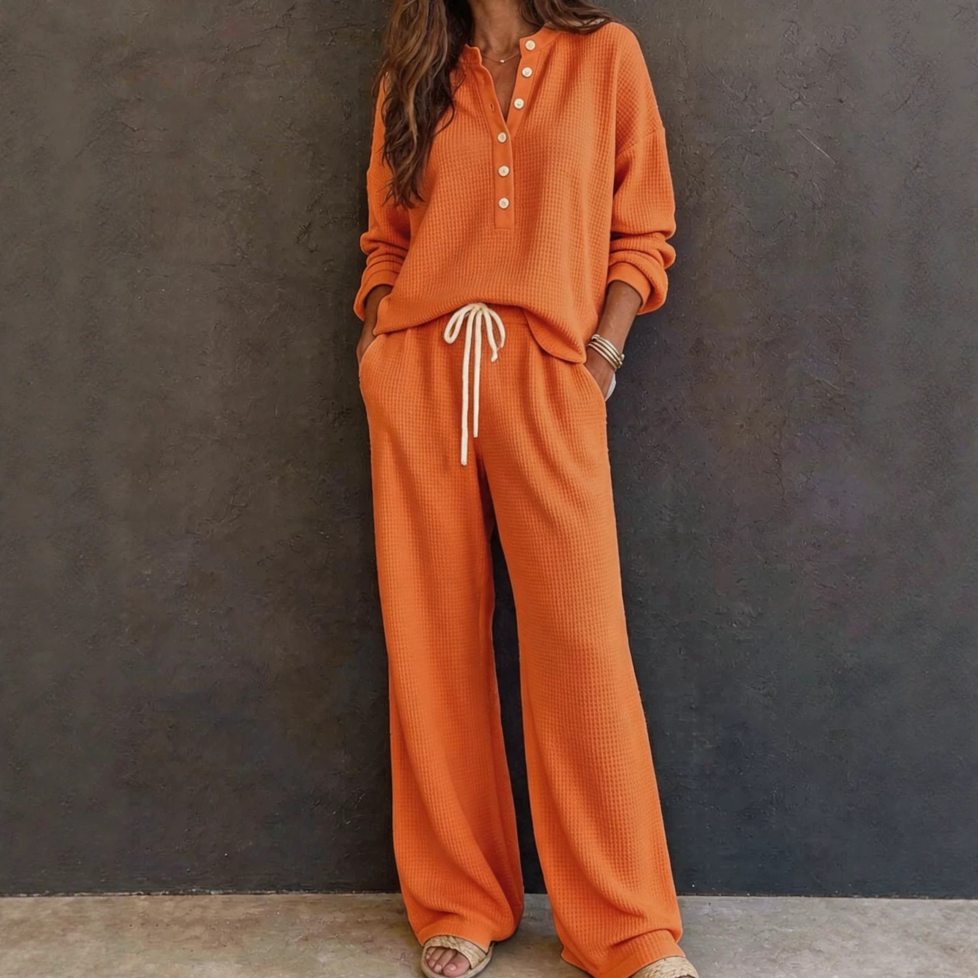 Women's Retro Waffle Knit Long Sleeve Top and Pants Set
