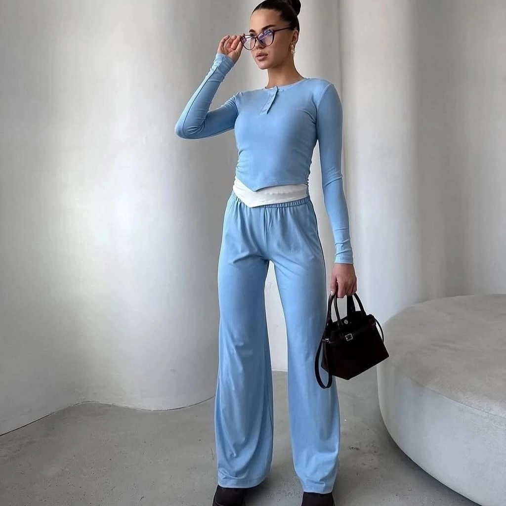 Women's Solid Color Long Sleeve Faux Two-Piece T-Shirt and Pants Set Casual Two-Piece Outfit