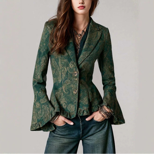 Bohemian Paisley Print Flare-Sleeve Blazer