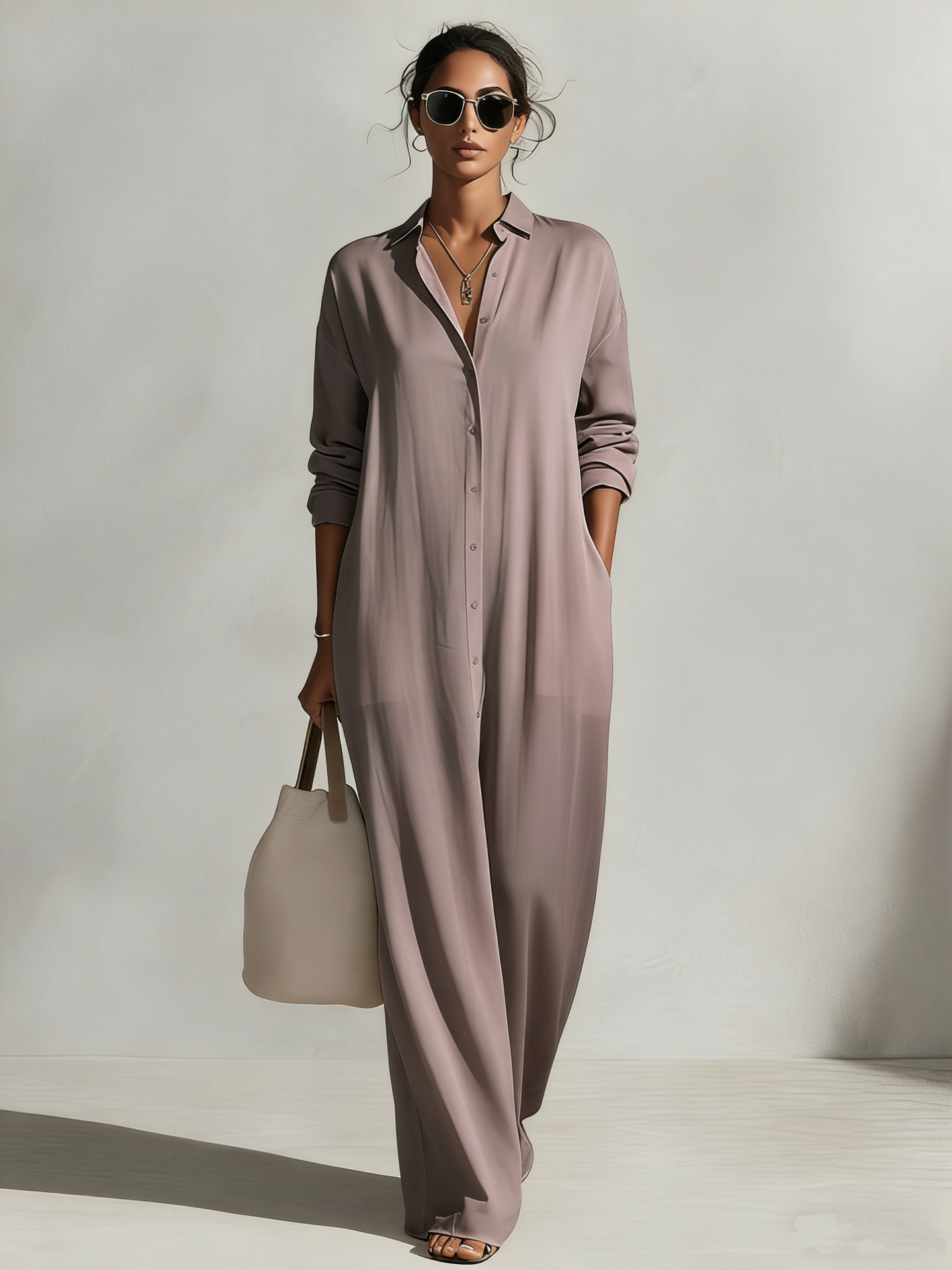 Women's Long Sleeve Polo Neck Shirt Dress Casual Solid Color Long Dress