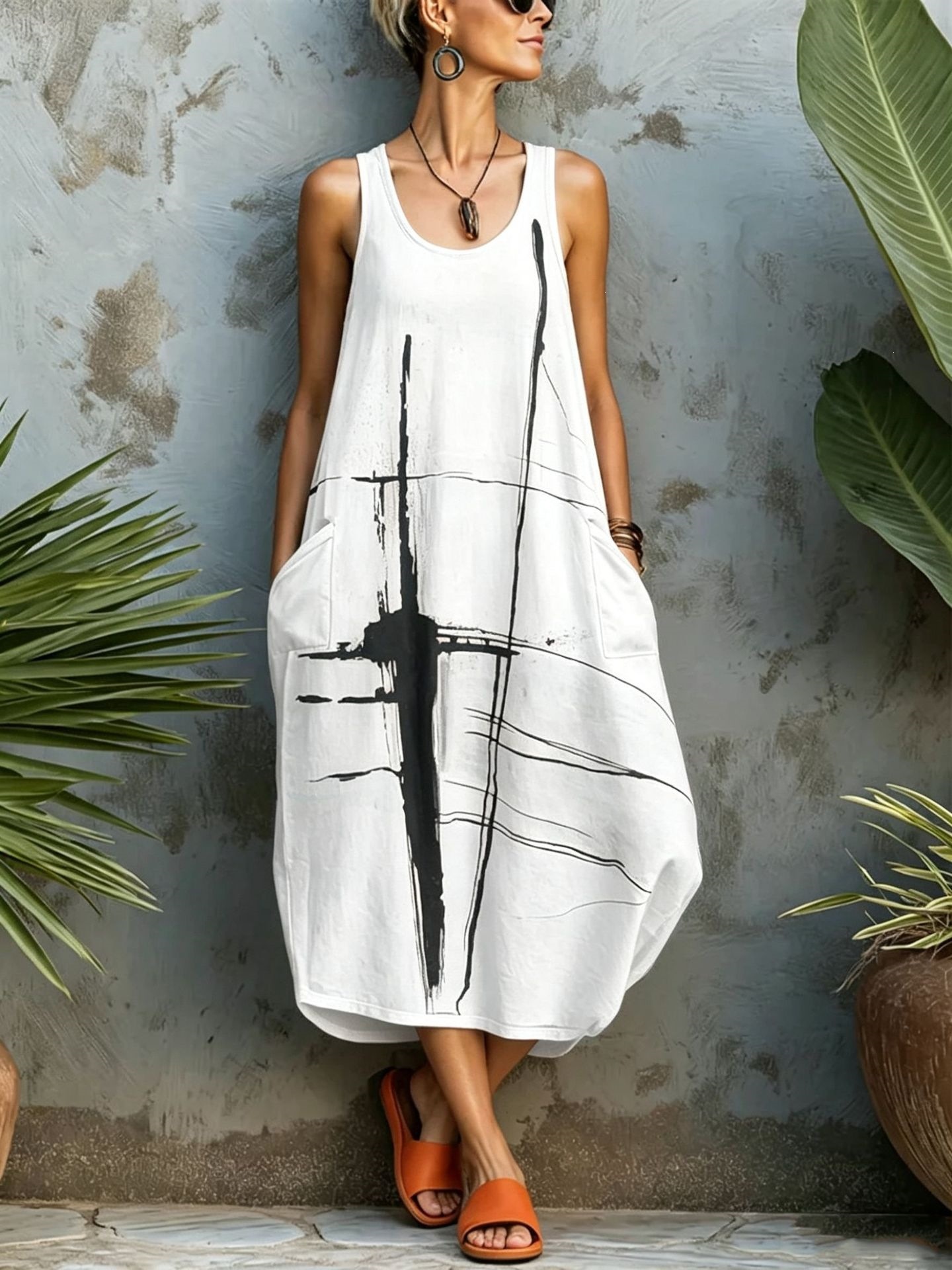 Women's Summer Sleeveless Printed Pocket Casual Dress