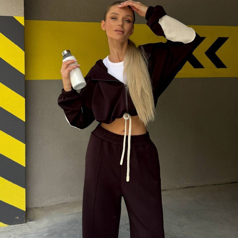 Women's Casual Zip-Up Hooded Cardigan and Wide-Leg Pants Two-Piece Set
