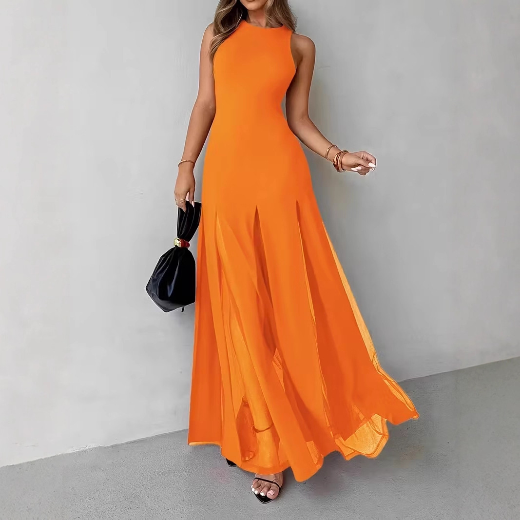 Elegant Sleeveless Chiffon Maxi Dress with Sheer Slit Hem
