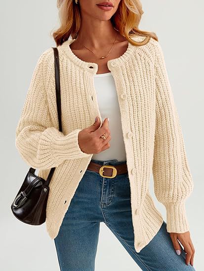 Women's Solid Knit Cardigan Round Neck Long Sleeve Loose Fit