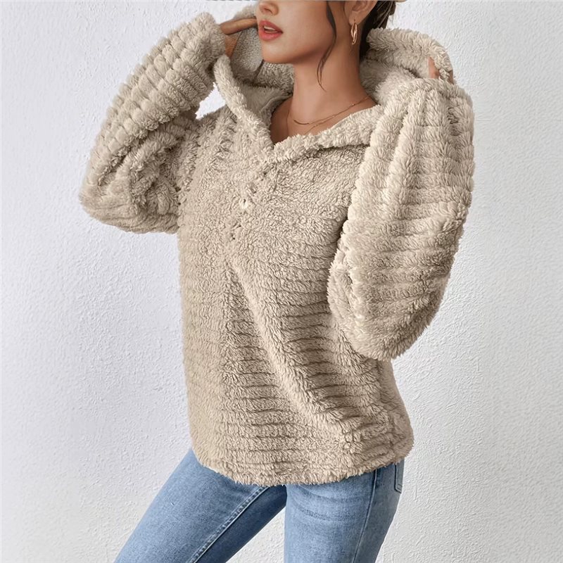 Women's Loose Plush Hooded Pullover Sweatshirt Button Front