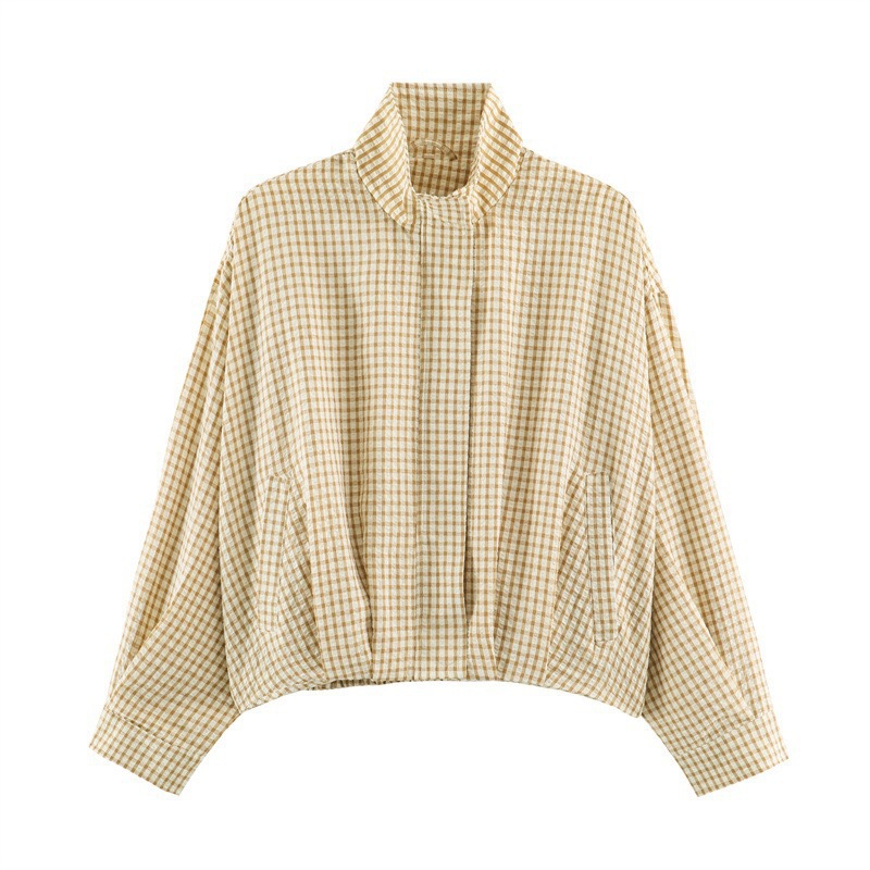 Women's Casual Plaid Zip-Up Jacket with Stand Collar and Long Sleeves