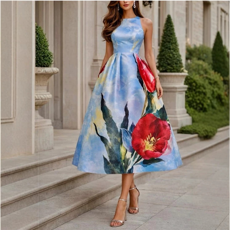 Women's Sleeveless Round Neck Floral Print Long Dress