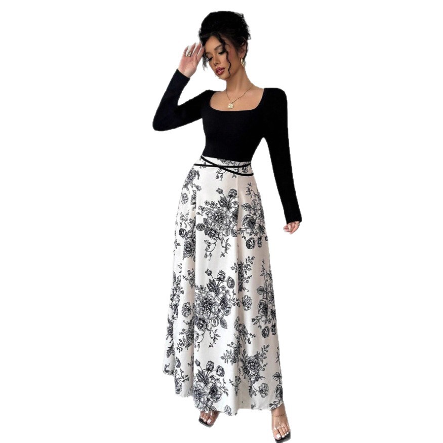 Floral Square Neck Tie-Waist Long Sleeve Midi Dress