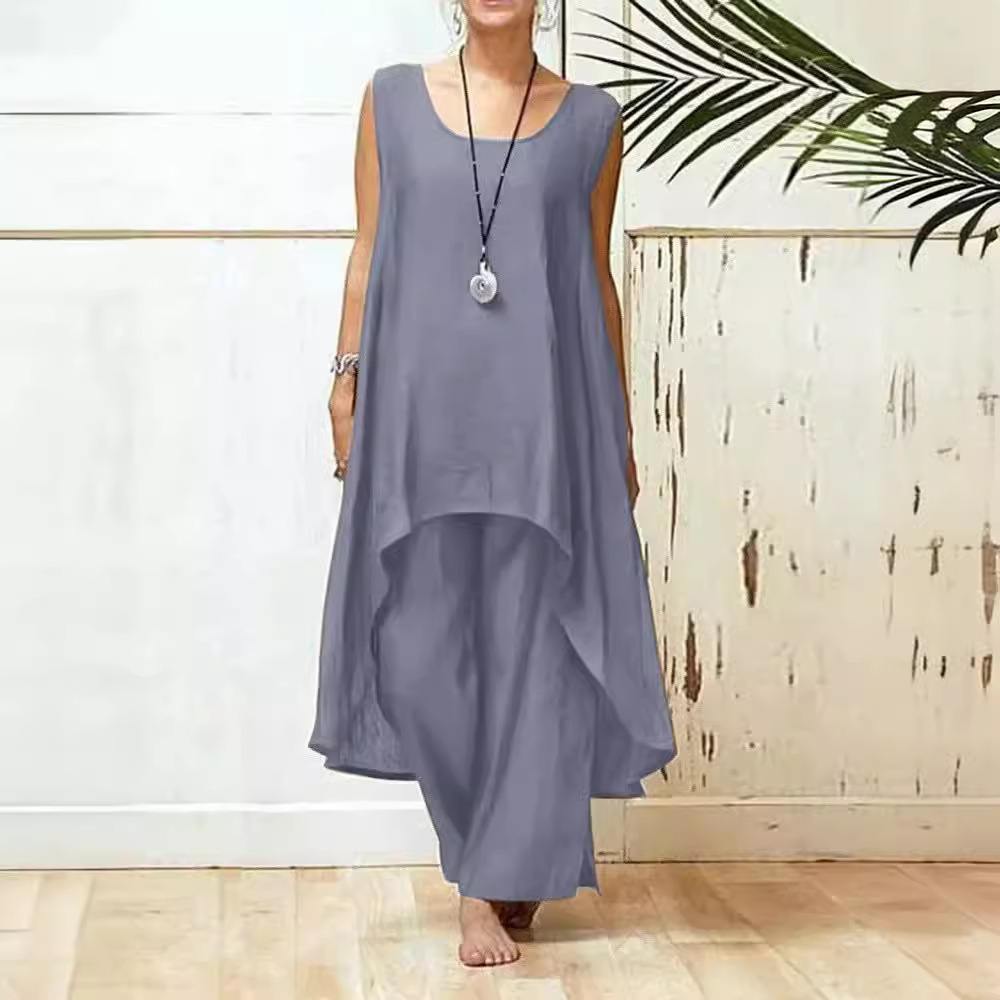 Women's Cotton-Linen Sleeveless Two-Piece Wide-Leg Pants Set