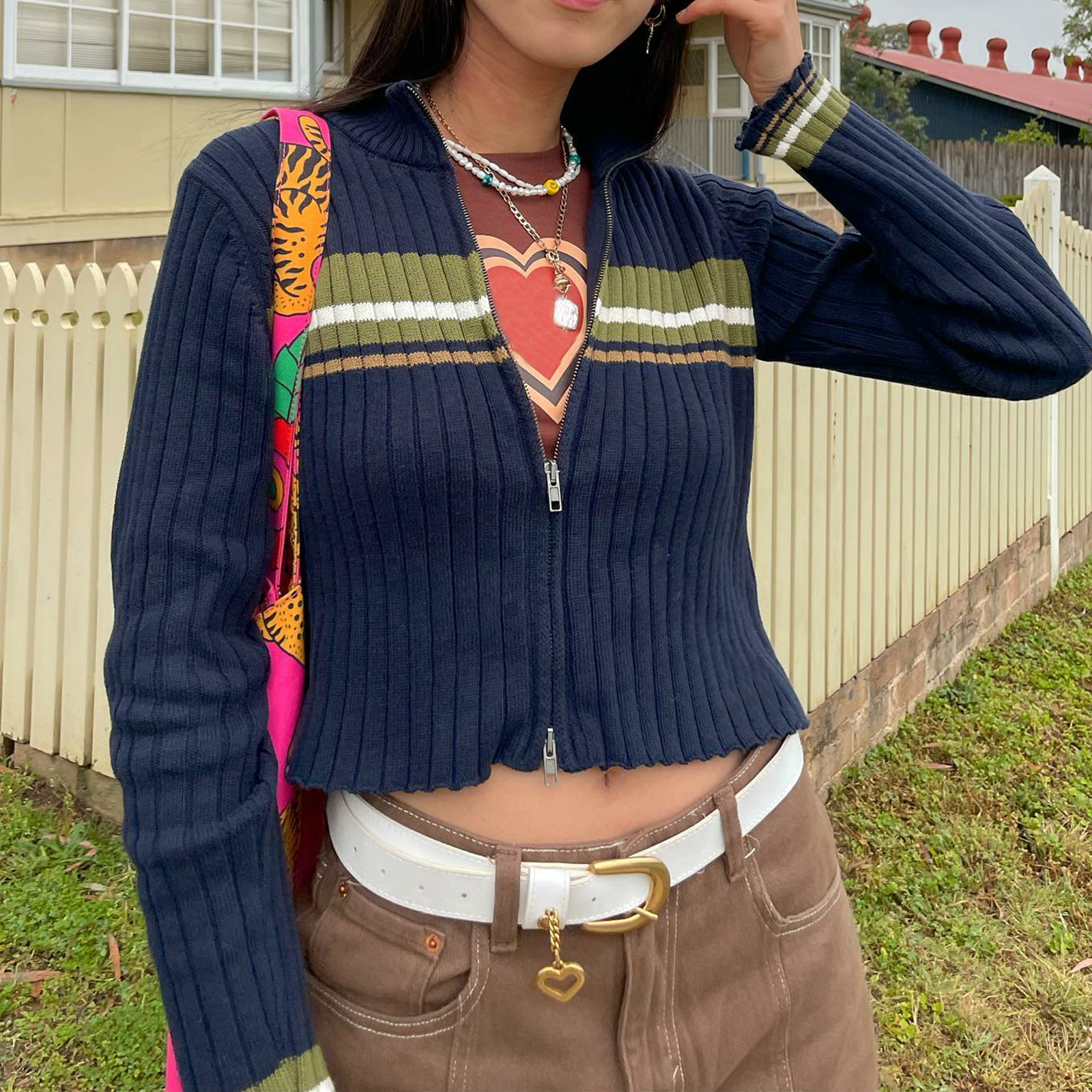 Color-Block V-Neck Zip-Up Cardigan