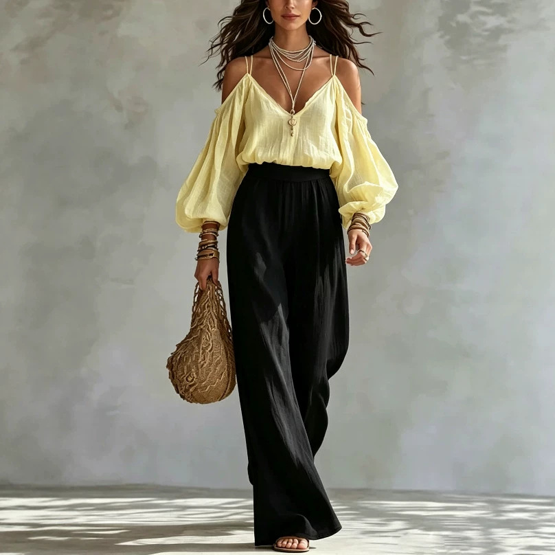V-Neck Cold-Shoulder Long-Sleeve Solid Top & High-Waist Black Wide-Leg Pants Women's Two-Piece Set