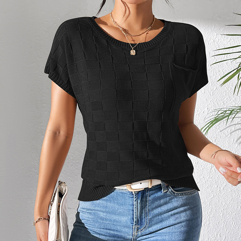 Women's Loose Knit Short Sleeve T-Shirt Solid Color Crew Neck Casual Top