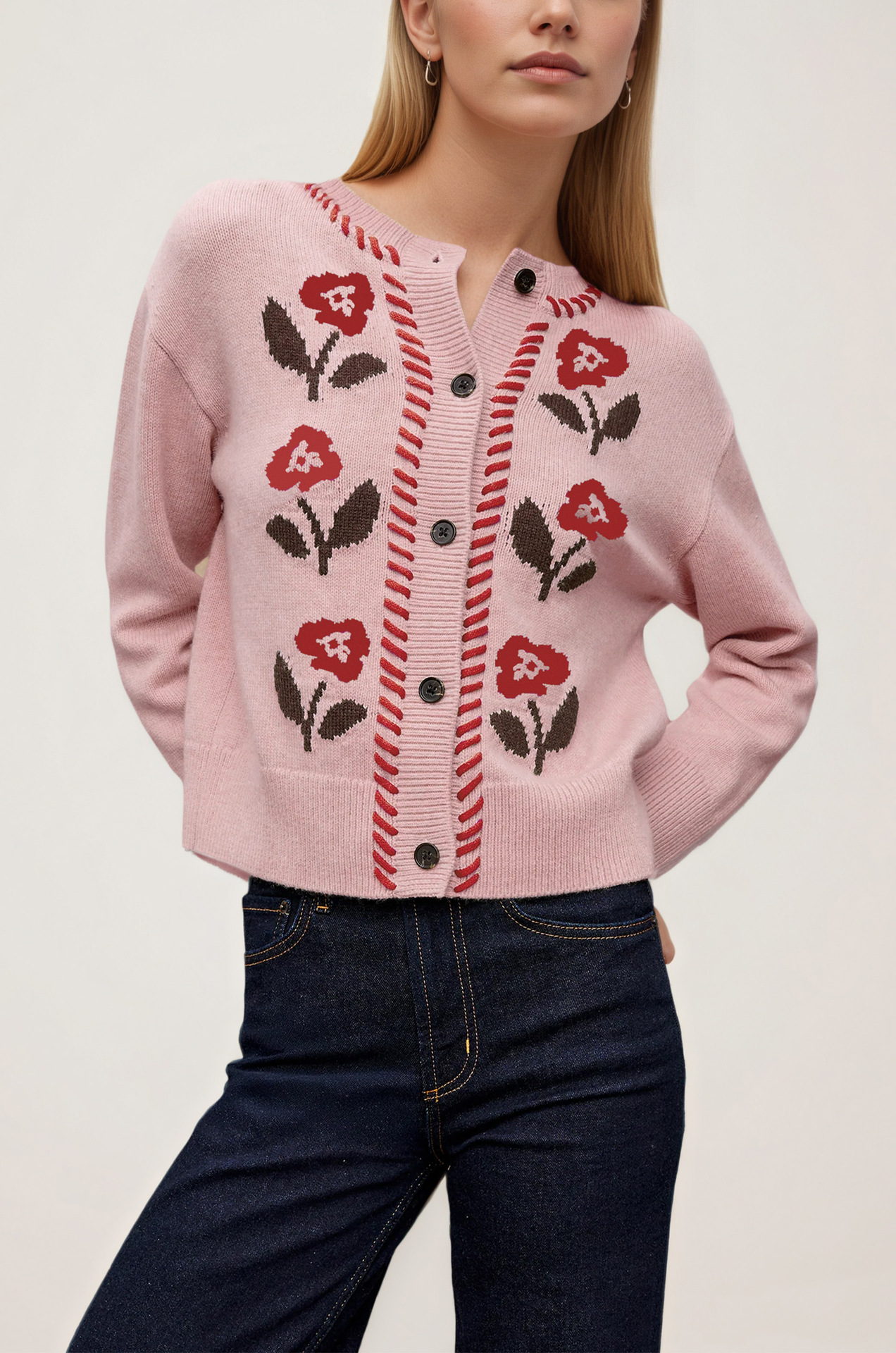 Retro Floral Knit Cardigan Women's Crewneck Button Long Sleeve Sweater