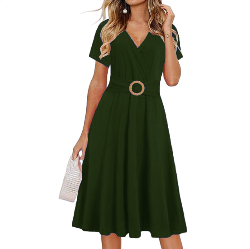 Women's Midi A-Line Dress with Notched Lapel Collar, Short Sleeve, Elastic Waist