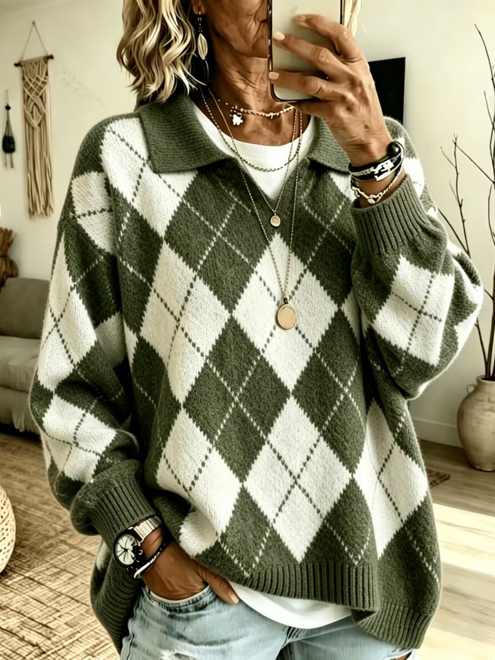 Diamond Plaid V-Neck Collared Knit Sweater