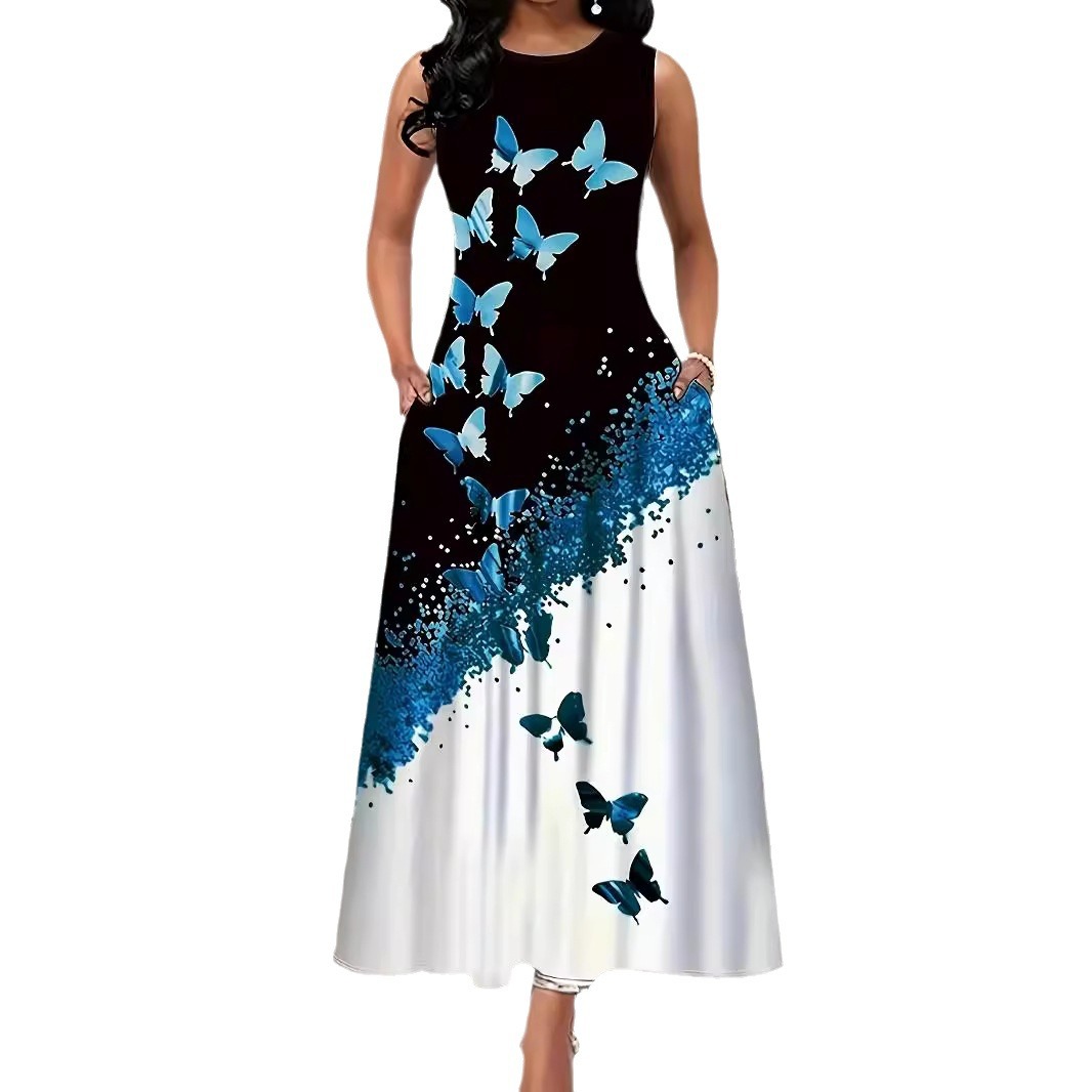 Butterfly Print Sleeveless A-Line Maxi Dress with Pockets