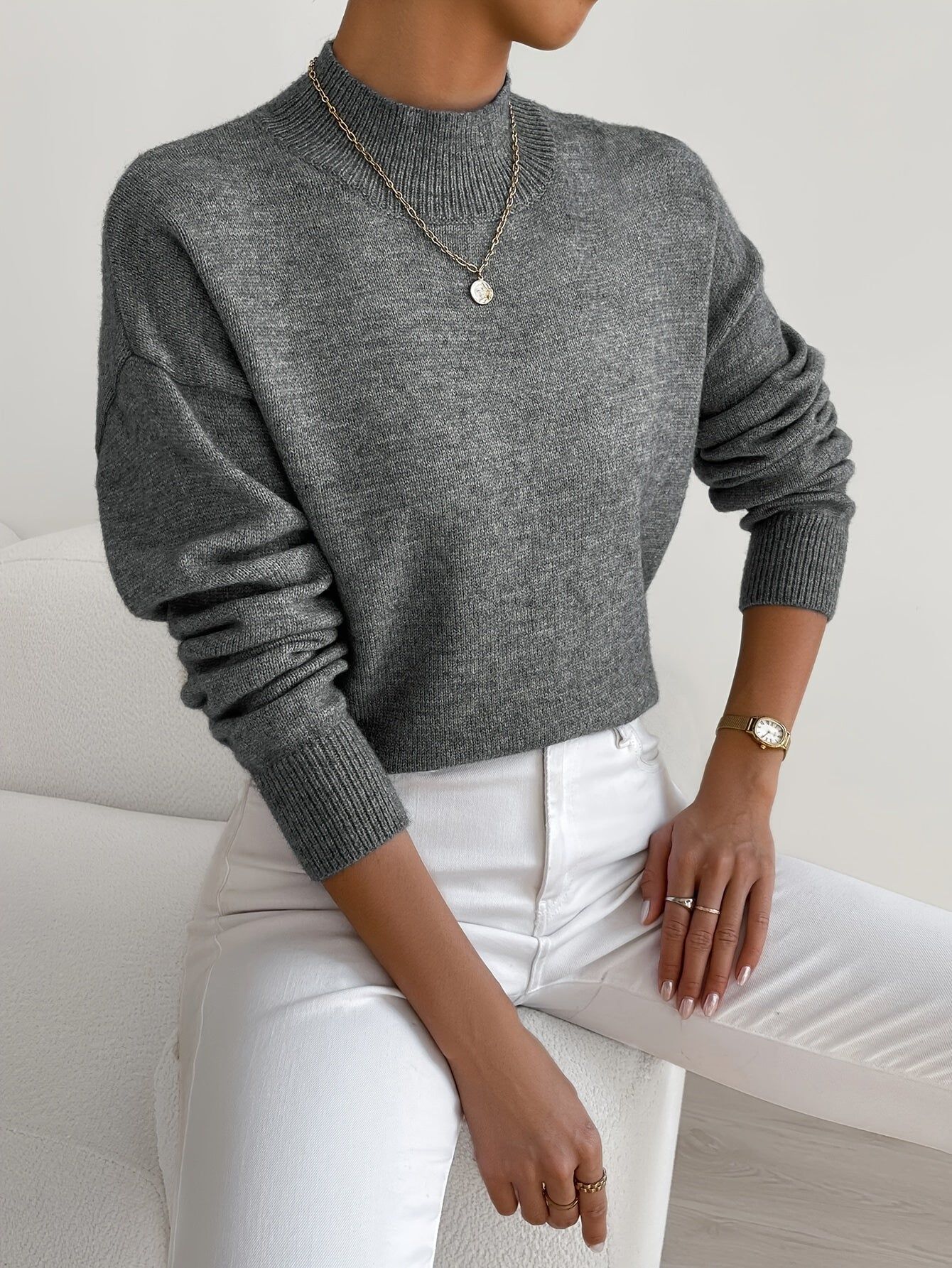 Women's Half Turtleneck Long Sleeve Pullover Sweater Solid Color Loose Knit Top