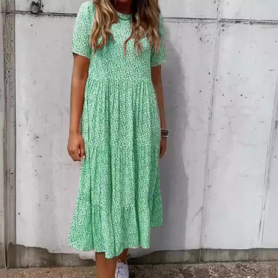 Floral Print Round Neck Short Sleeve Maxi Dress
